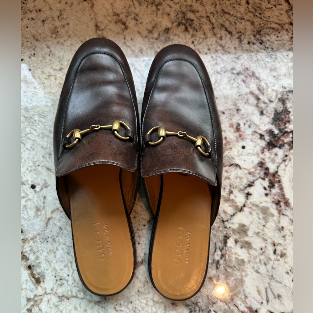 Gucci Men's Dark Brown Leather Slip-Ons with Gold Detail